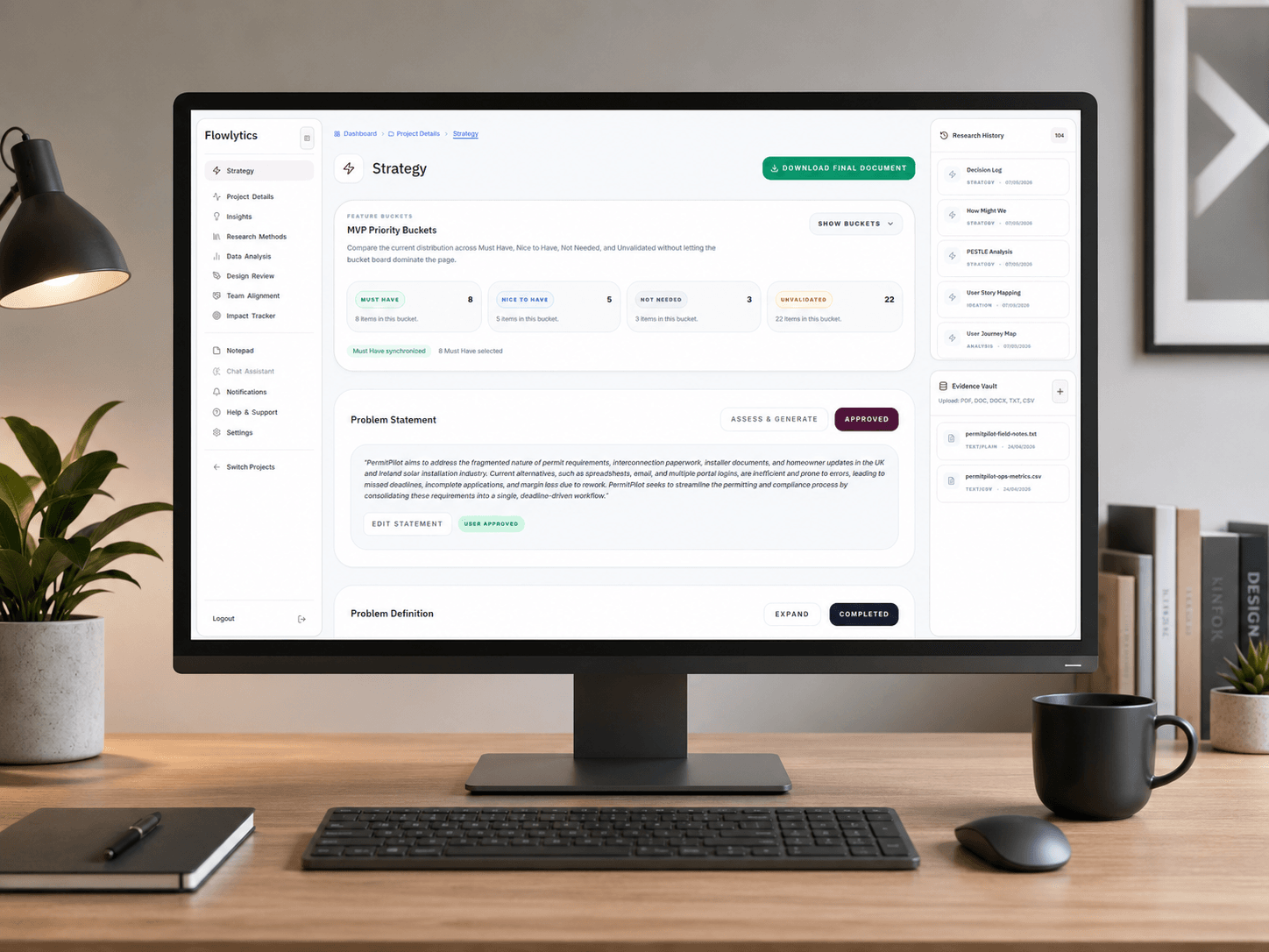 Flowlytics guided research and decision platform dashboard