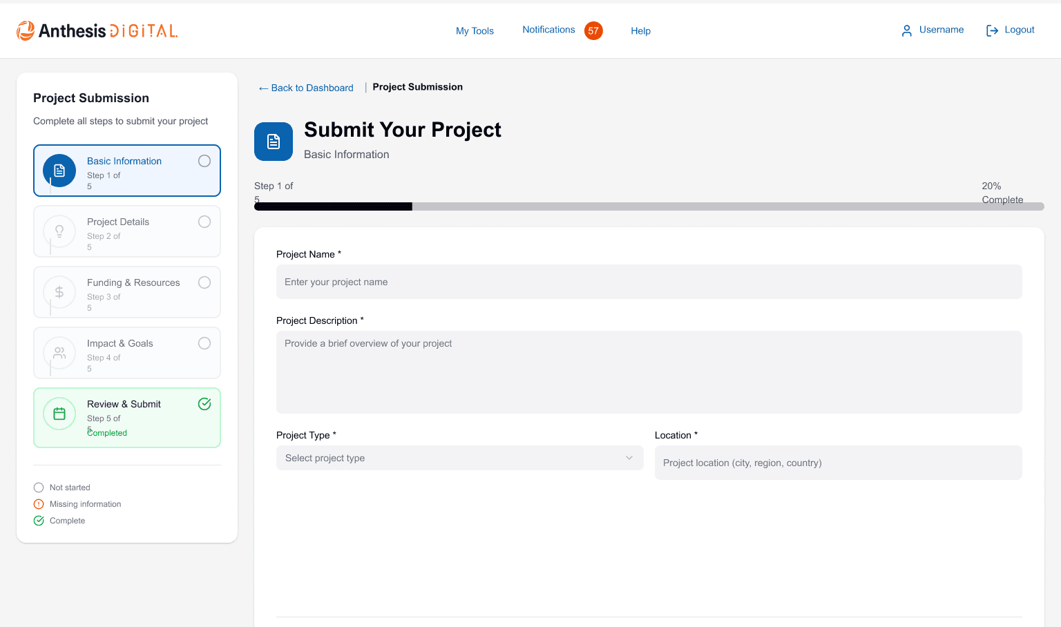 Document Submission Platform interface showing step-by-step upload process