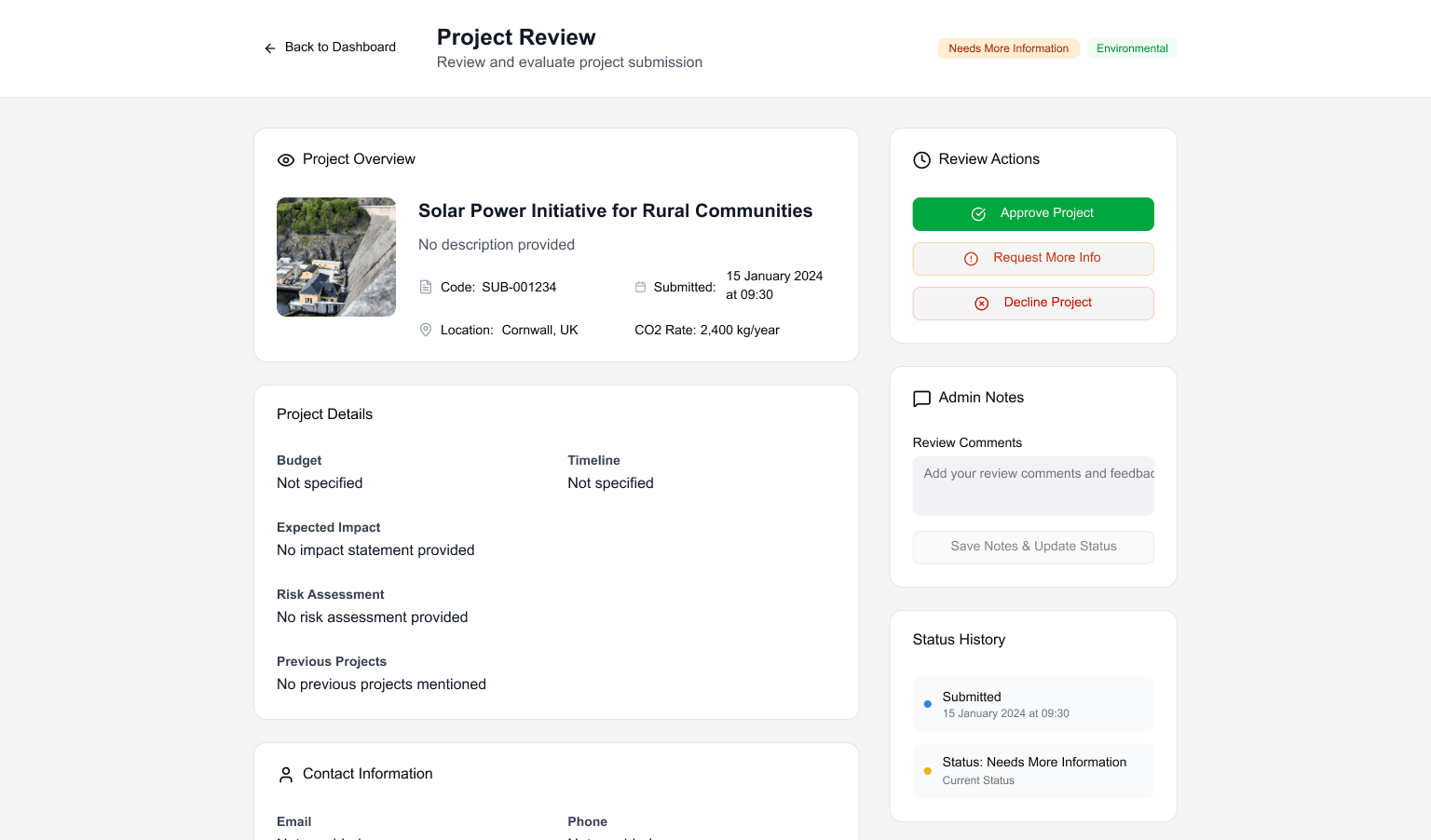 Submission Review interface showing document evaluation and approval workflow