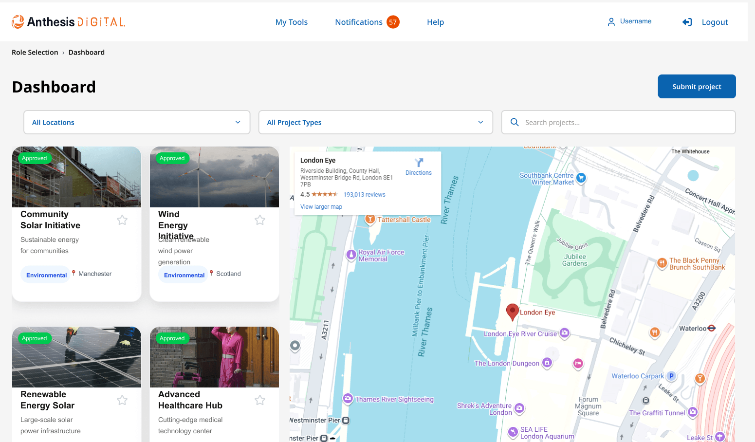 Dashboard interface showing grouped applications and status overview