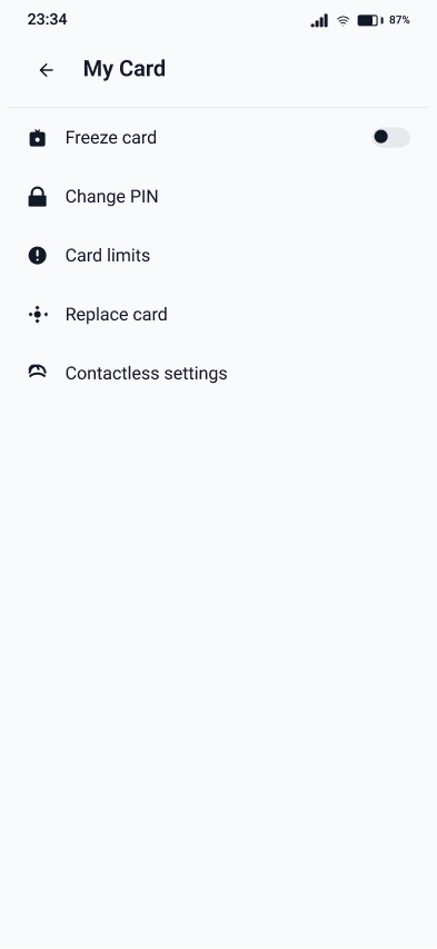 My Card management screen showing options for freeze card, change PIN, card limits, replace card, and contactless settings