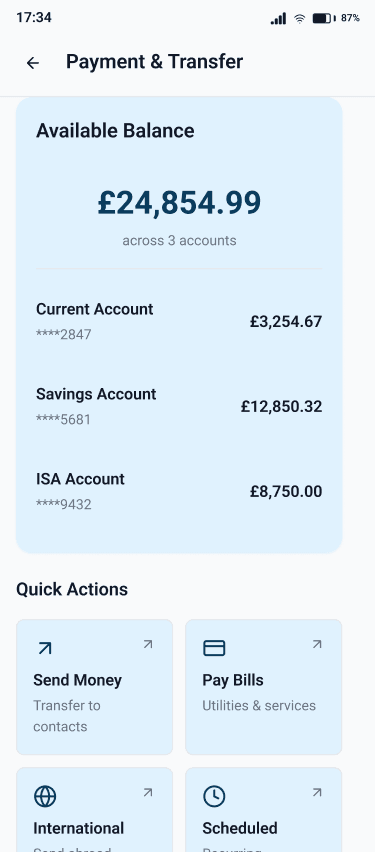 Payment & Transfer screen showing available balance £24,854.99 across 3 accounts (Current, Savings, ISA) with quick action buttons for Send Money, Pay Bills, International, and Scheduled payments