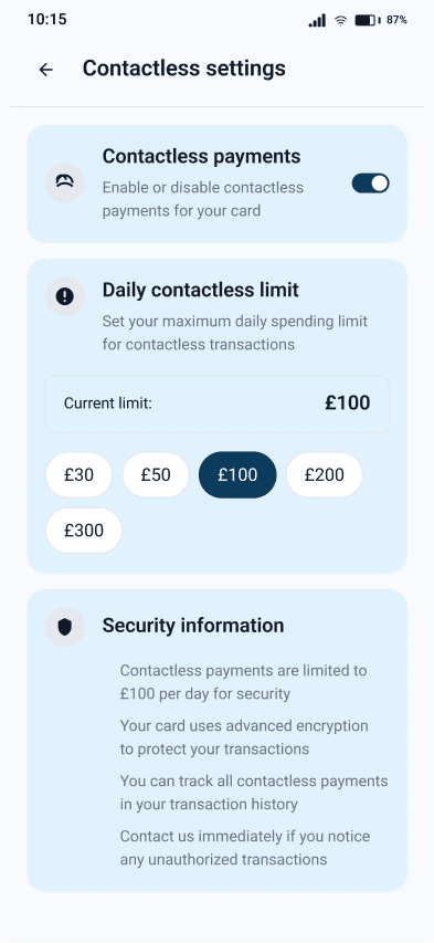 Contactless settings screen with toggle for contactless payments, daily contactless limit selector showing £100, and security information about encryption and tracking