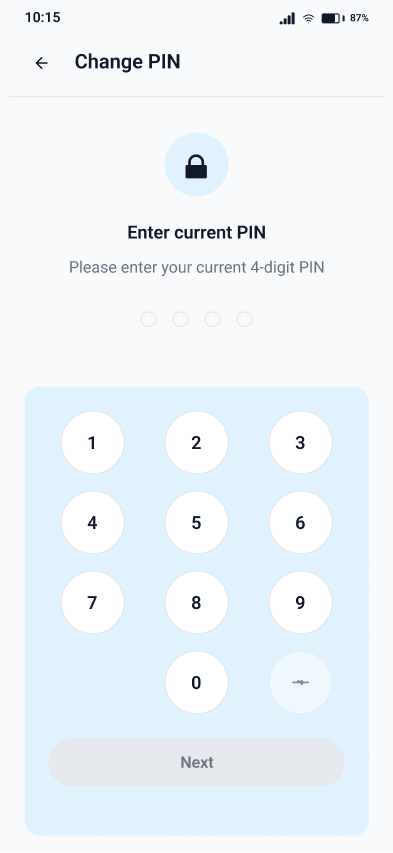 Change PIN screen with numeric keypad for entering current 4-digit PIN, featuring numbers 0-9, backspace button, and Next button