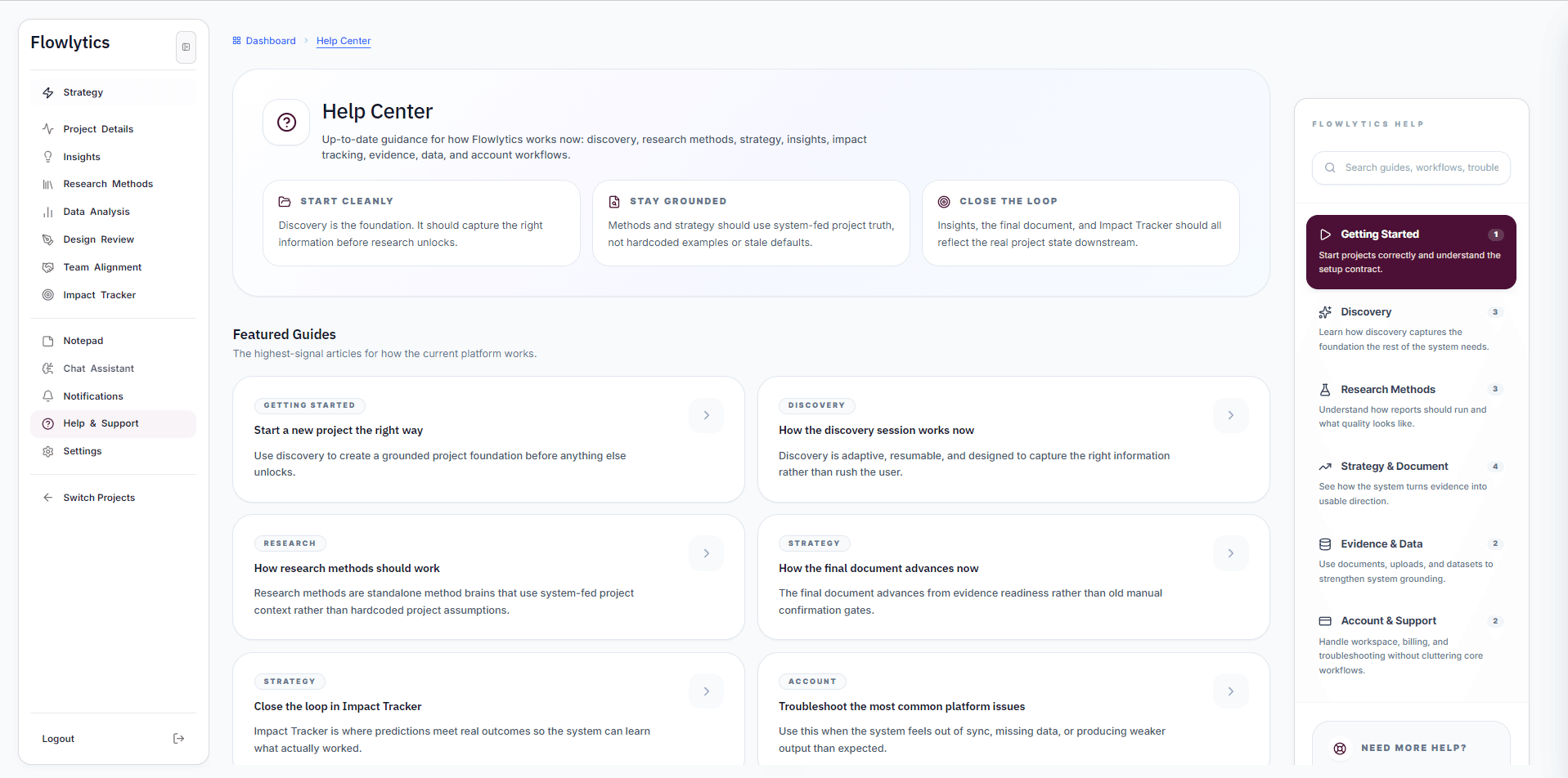 Help centre providing guidance through the research workflow