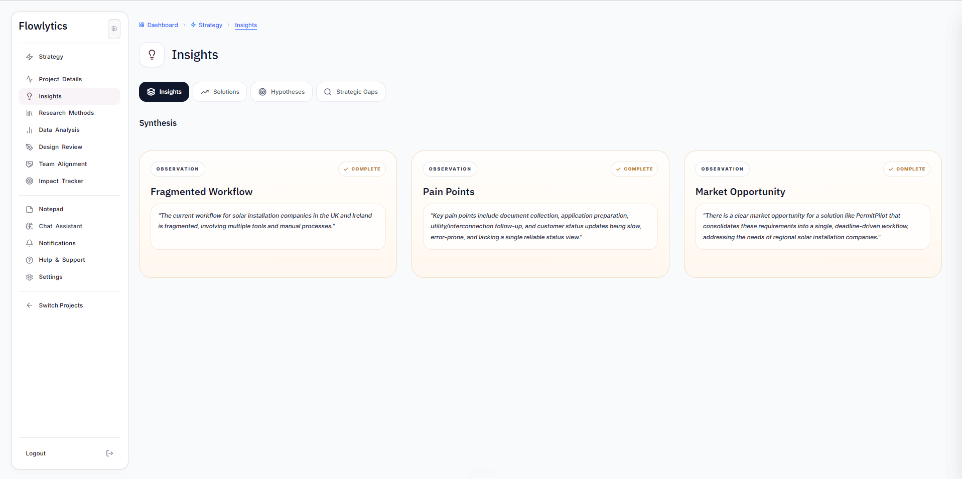Insights screen connecting research findings to product direction