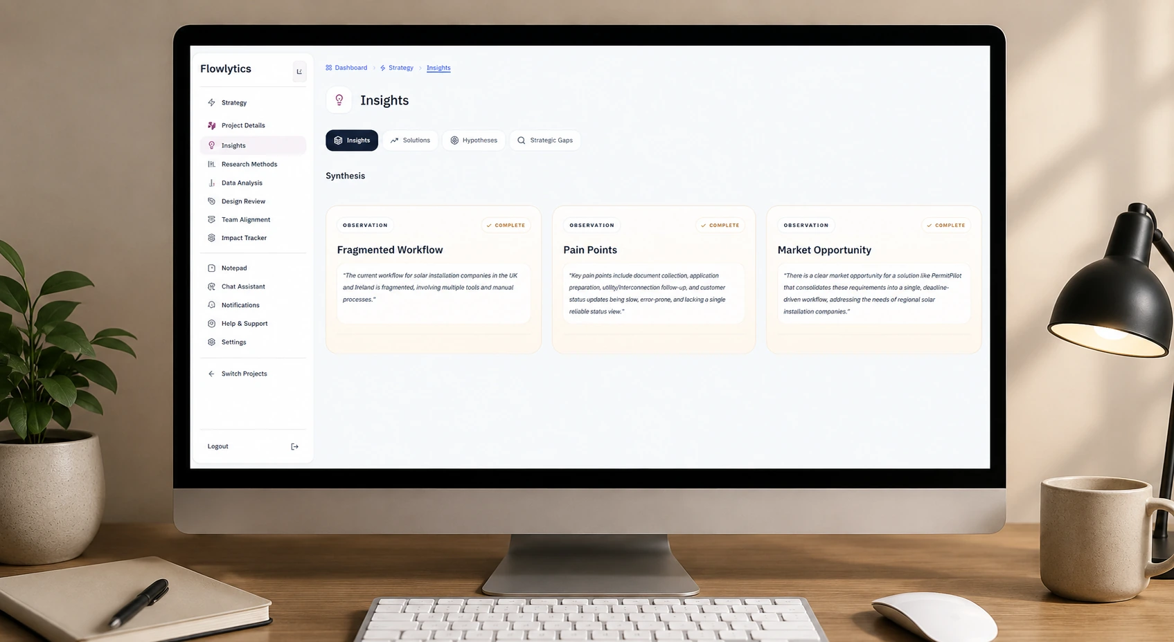 Insights screen showing synthesised research findings