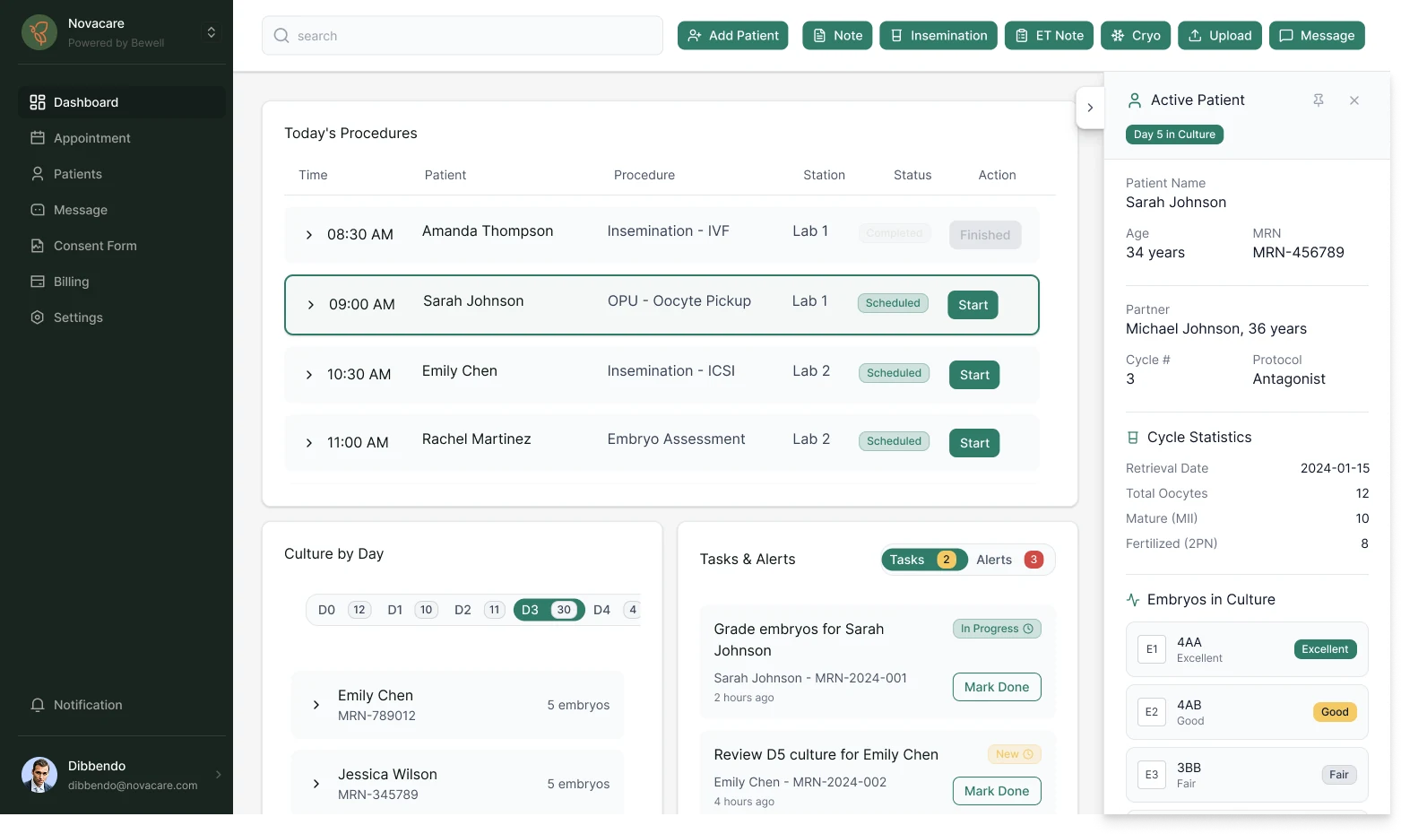 Embryologist dashboard with an active patient selected