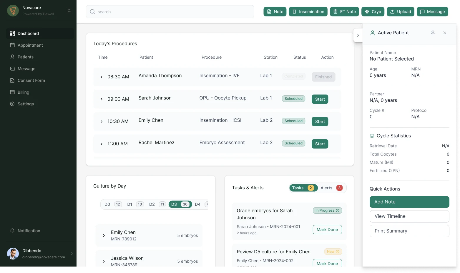 Embryologist dashboard with no patient selected