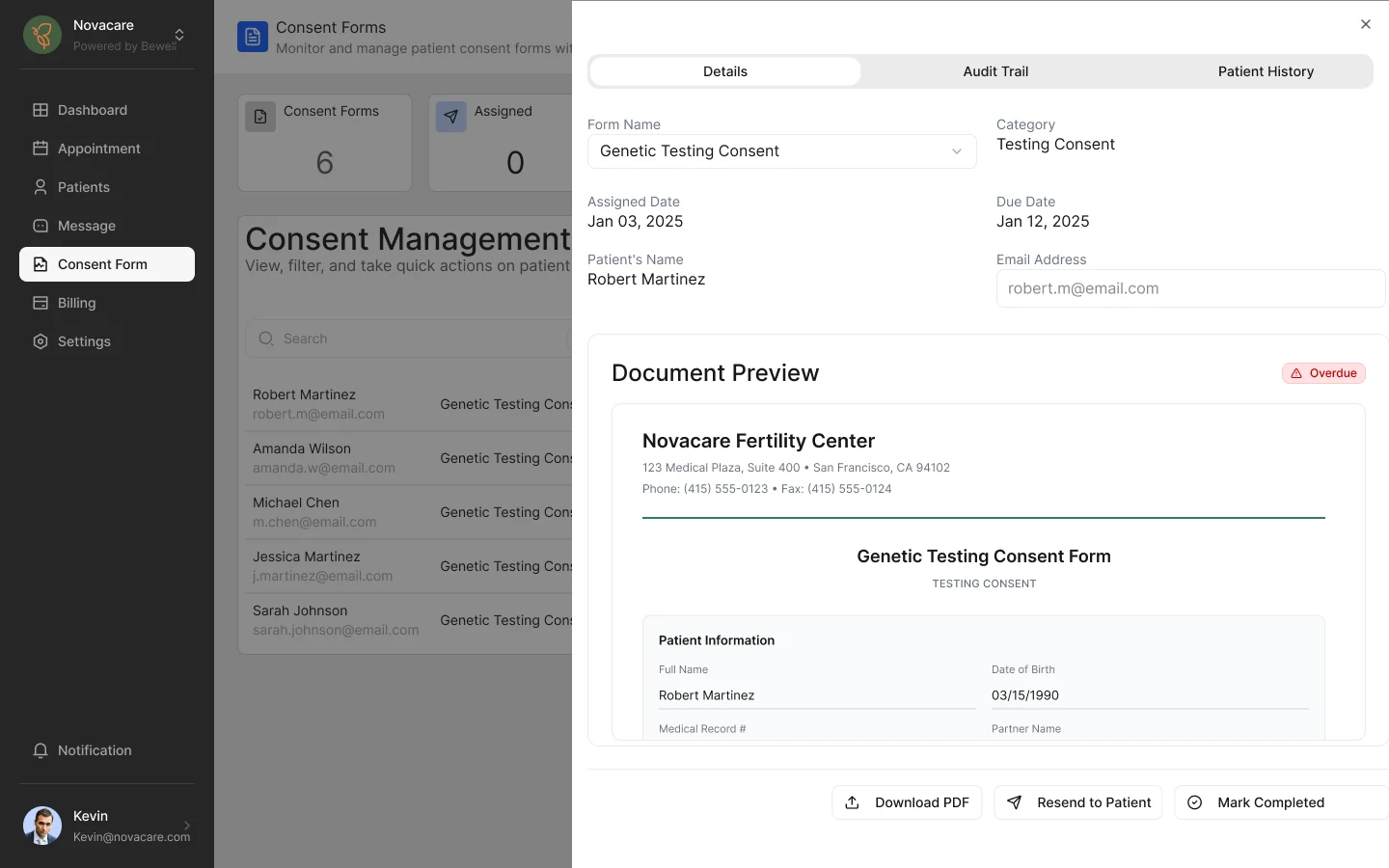 Consent form details and document preview