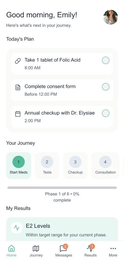 Patient app home screen with daily overview