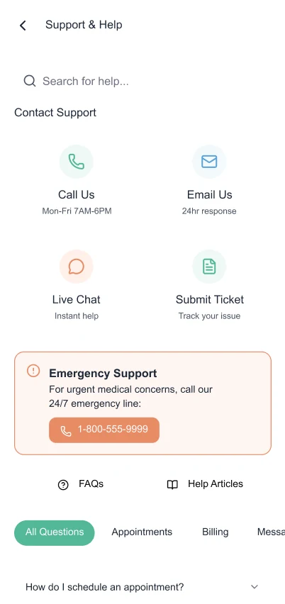 Patient app support and help screen