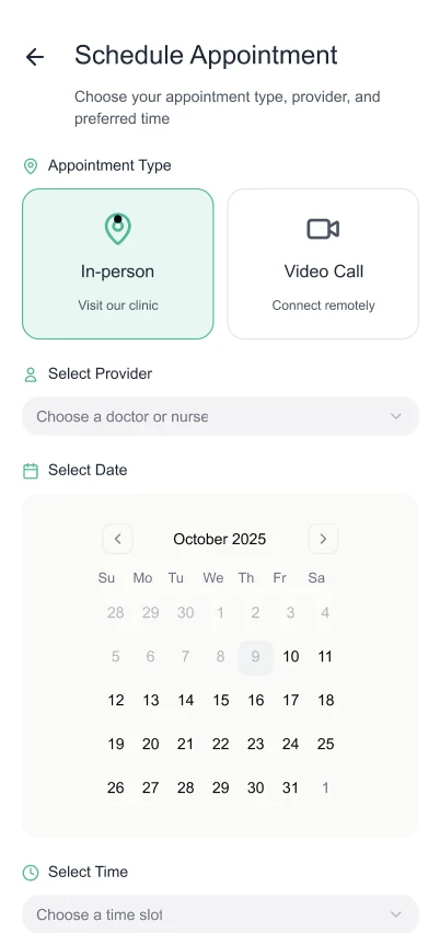 Patient appointment scheduling screen