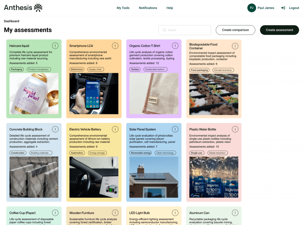 LCA Dashboard showing card-based assessment overview with product cards including Haircare liquid, Smartphone LCA, Organic Cotton T-Shirt, and Biodegradable Food Container, each with category tags and assessment counts