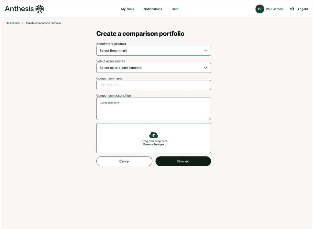 Create a comparison portfolio form showing fields for benchmark product selection, assessment selection (up to 4), comparison name, comparison description, and image upload area with Cancel and Finished buttons