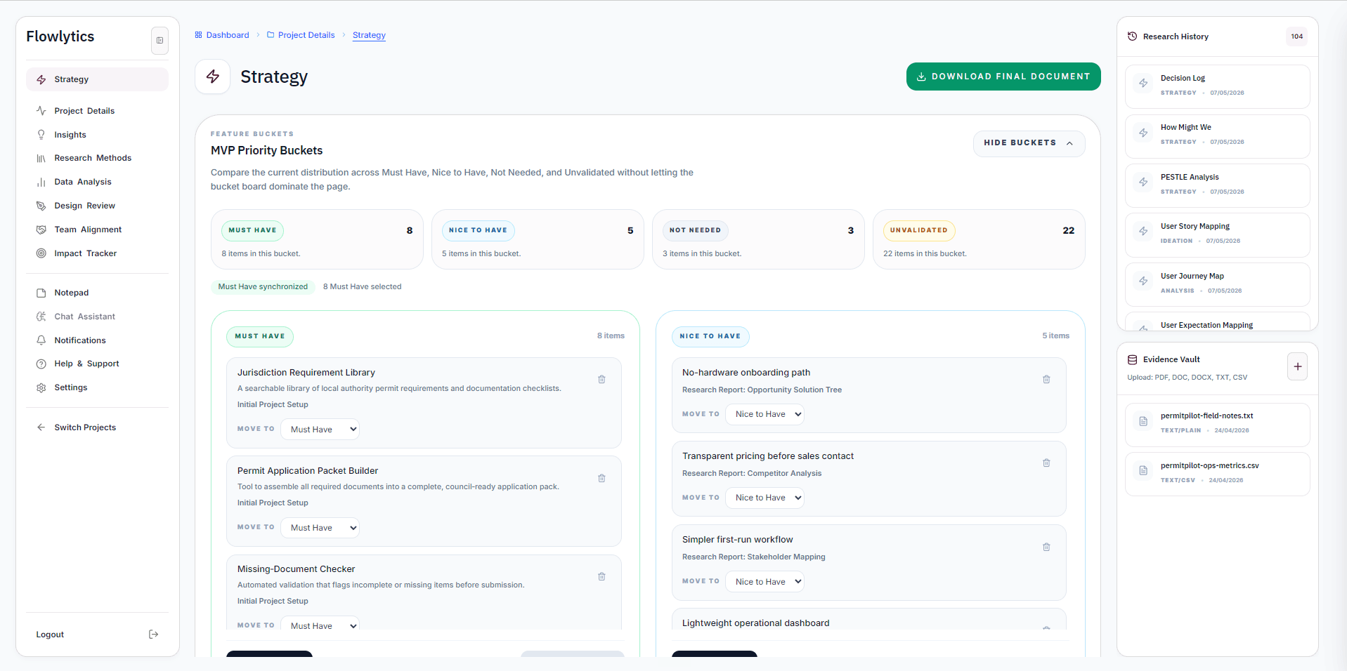 Project dashboard showing research progress and active tasks