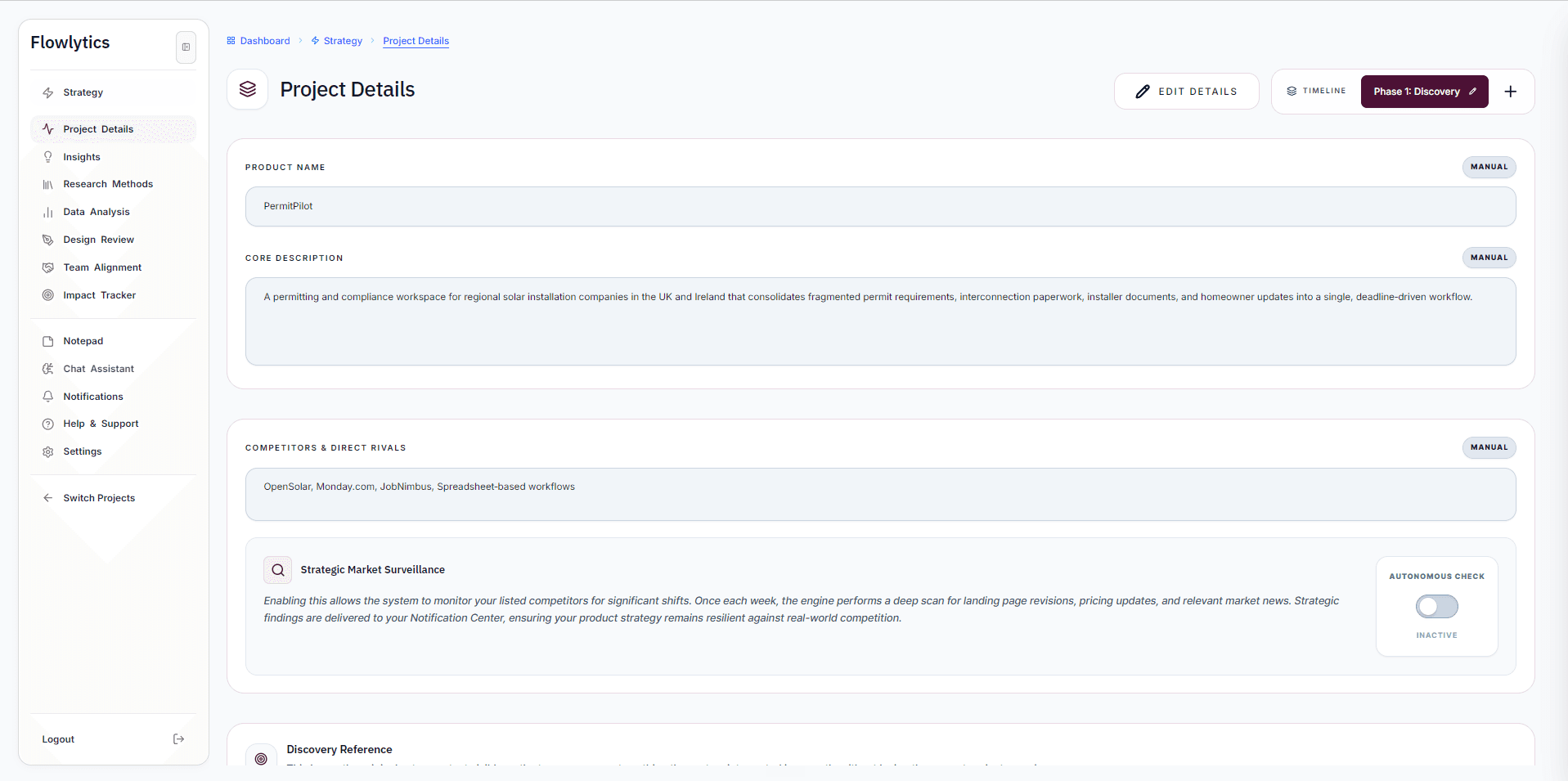 Project details screen showing structured research context
