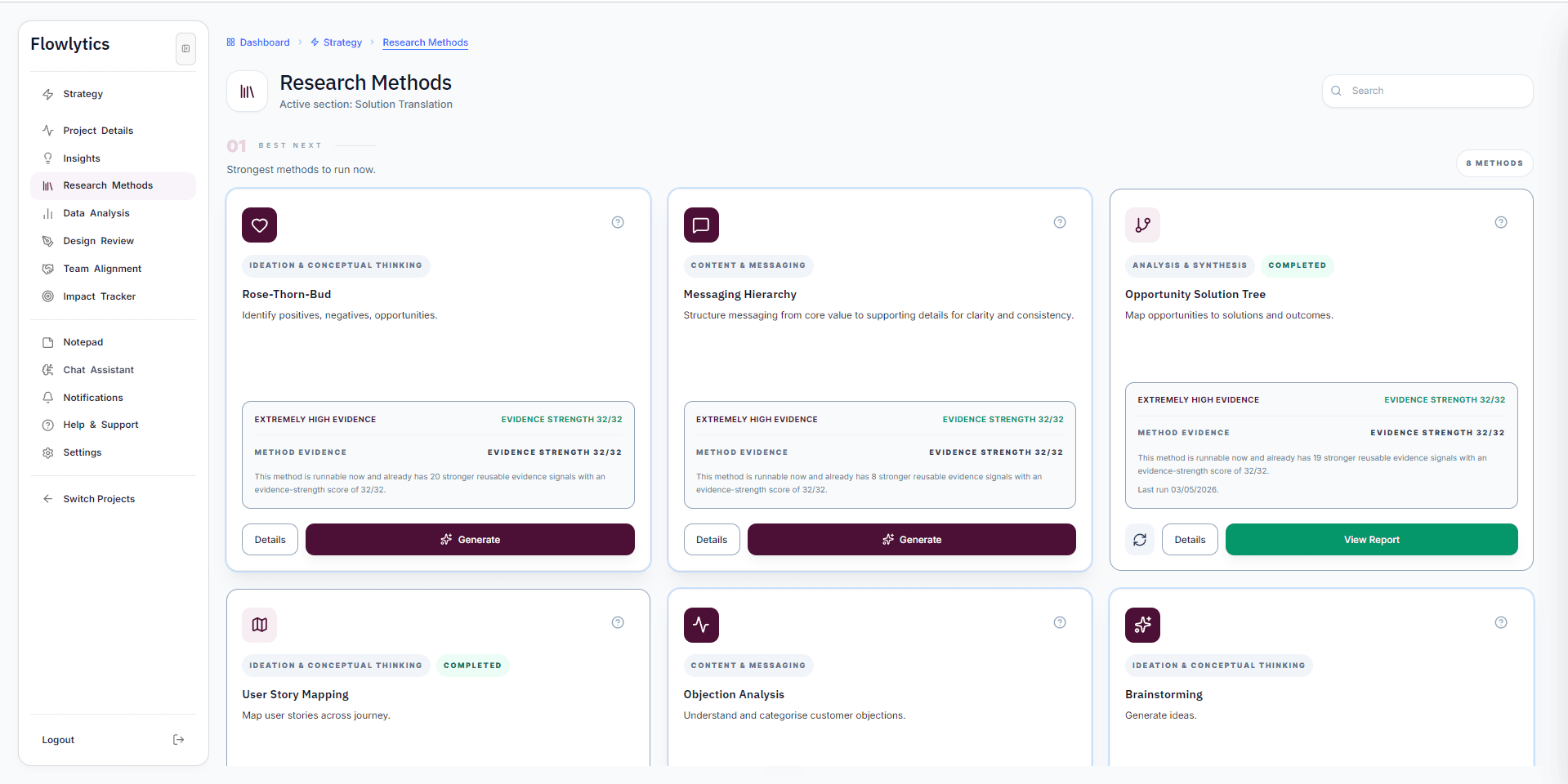 Research methods view showing structured method selection